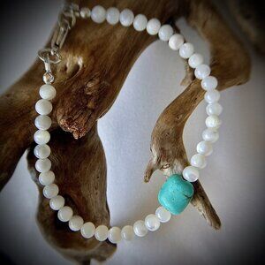 Rectangular Focal Turquoise and Mother of Pearl Bracelet, Minimalist, Delicate